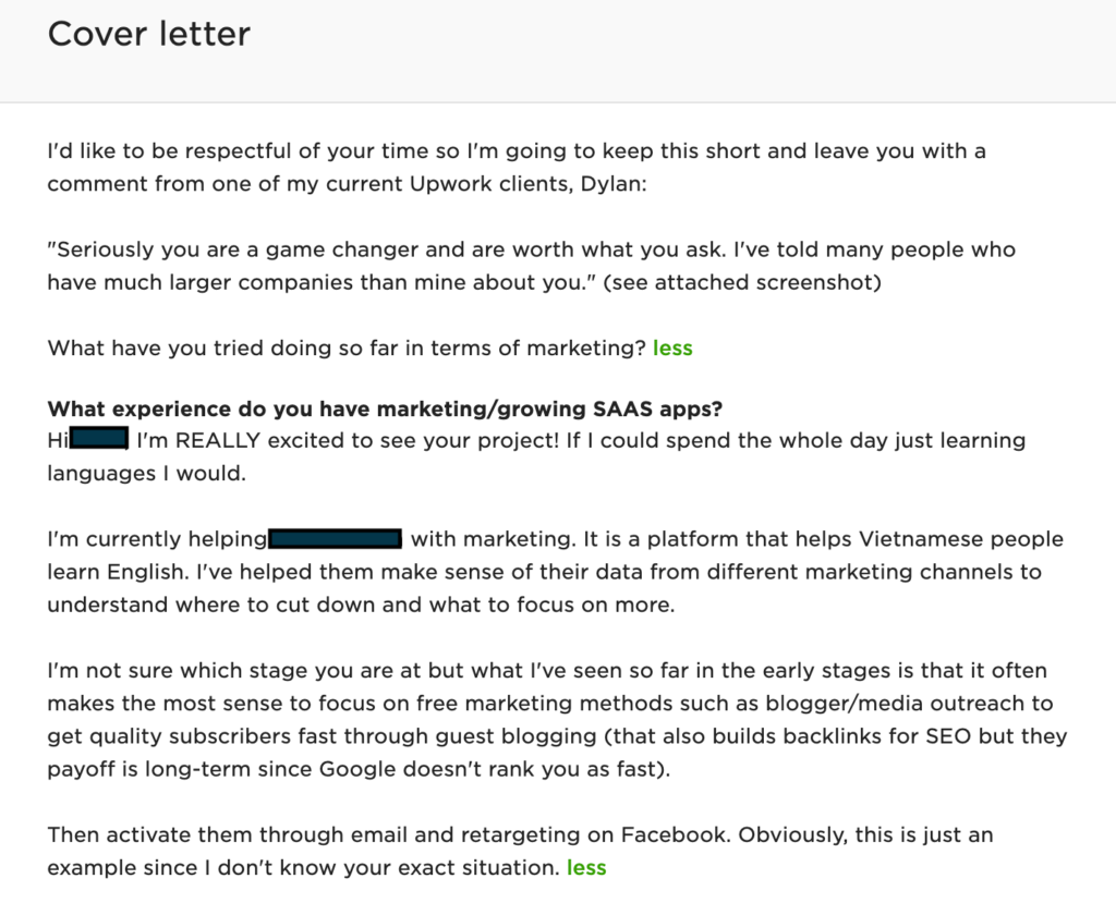 how to write a pitch - example two via upwork 1